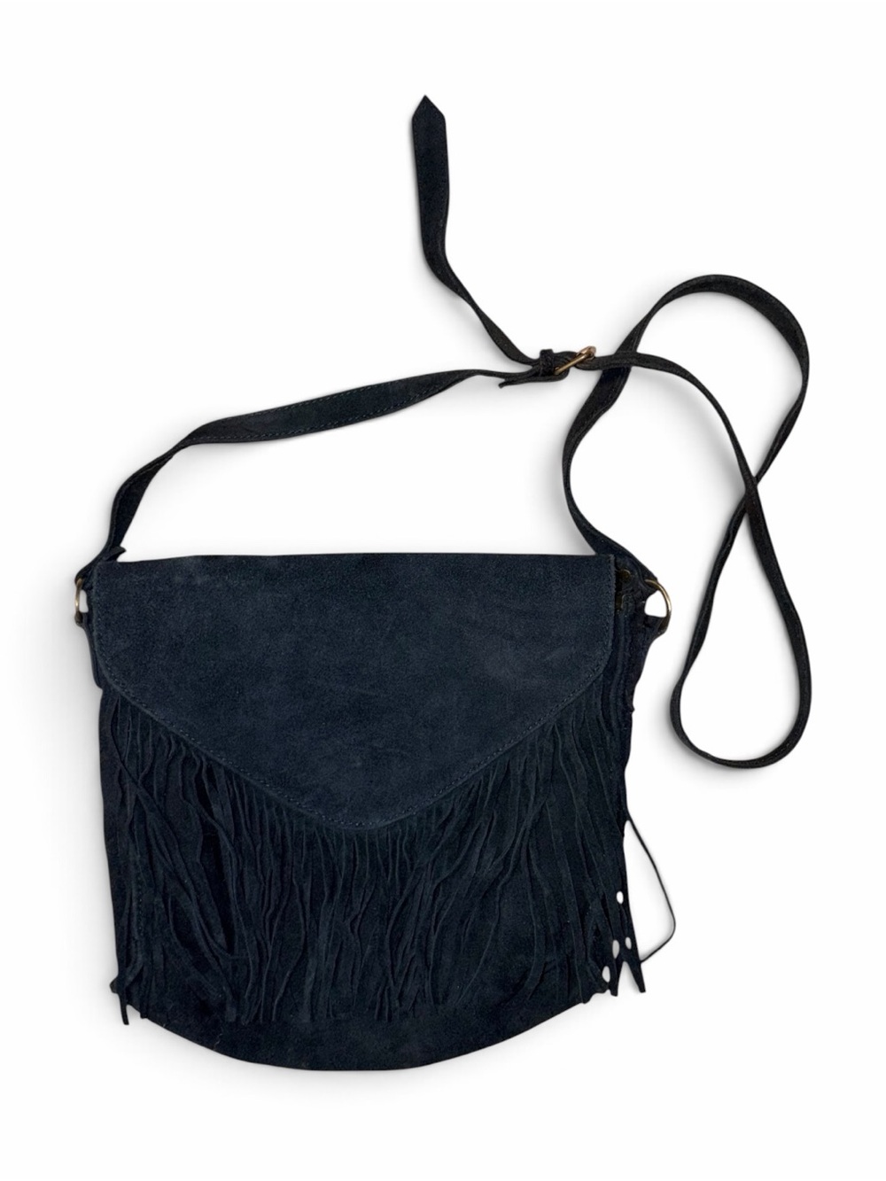 Black Suede Fringe Crossbody Bag Boho Western Adjustable Strap